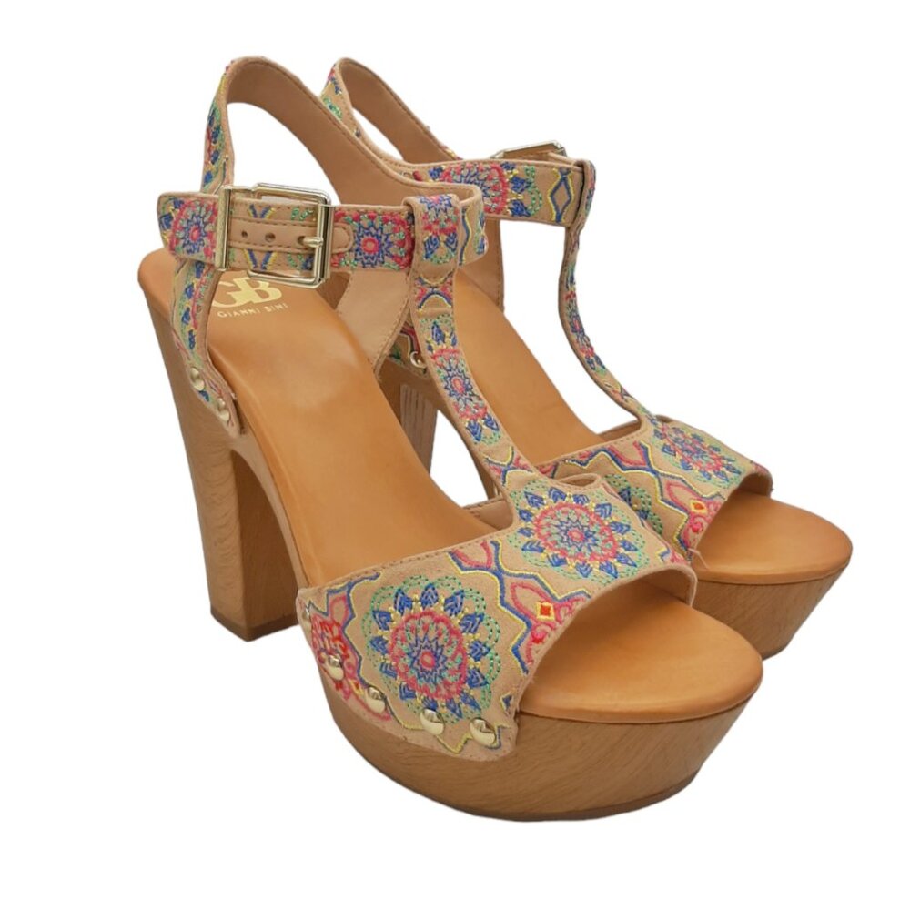 Gianni Bini Embroidered Mandala Faux Wood Clog Platform Sandals SZ 8.5